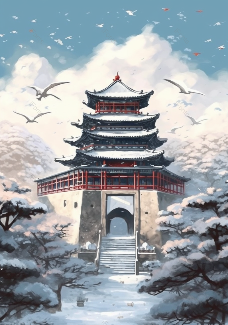 大寒寒冷下雪天城楼古代建筑飞鸟白鸟城门红色古典传统风景水墨插画,插画/手绘图,插画/手绘图库,插画/手绘图下载,插画/手绘
